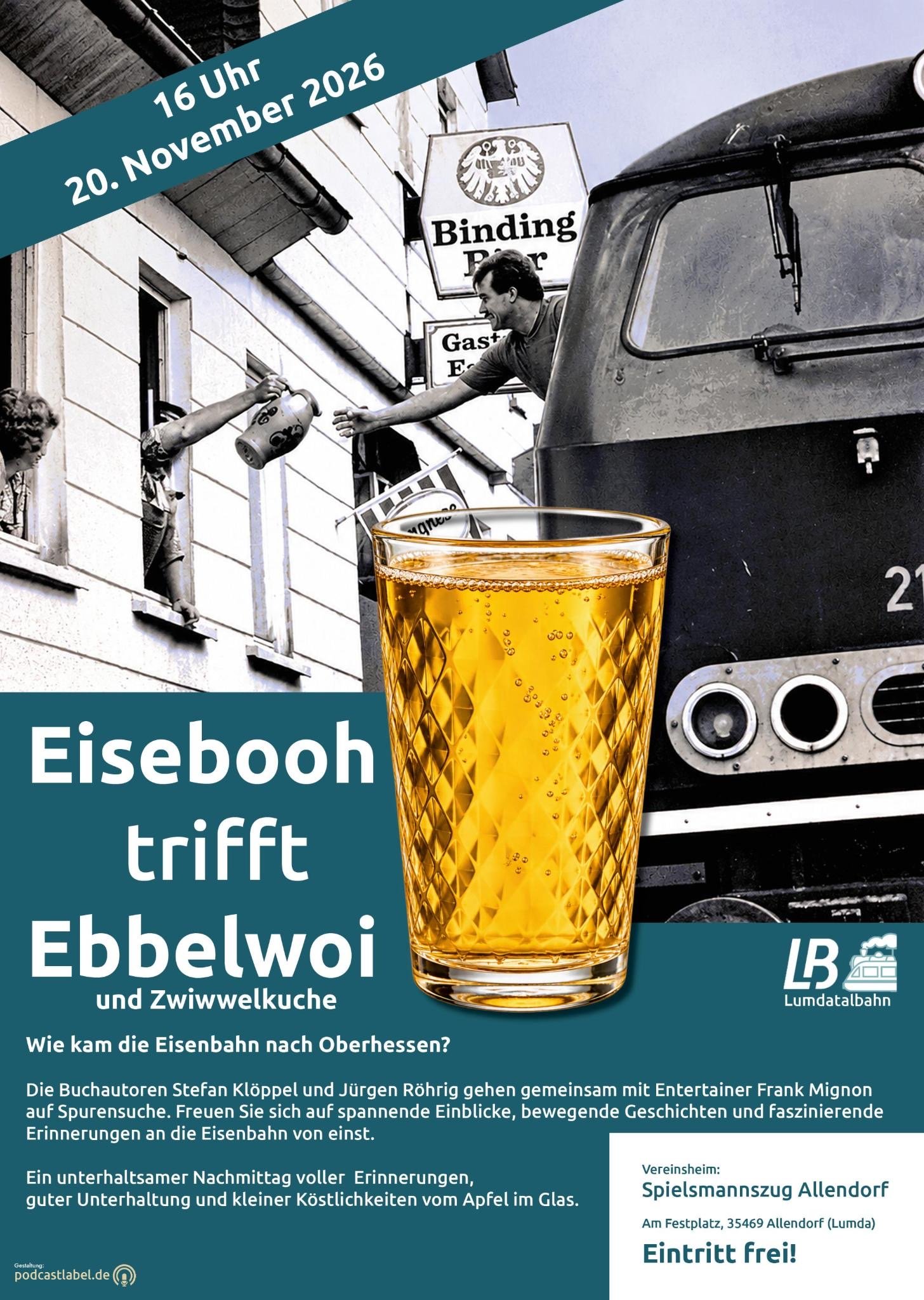 Veranstaltungsplakat mit Lokführer auf Diesellok und einem Glasapfelwein im Vordergrund. Aus einem Hausfenster reicht eine Bewohnerin dem Lokführer eine Apfelweinkrug