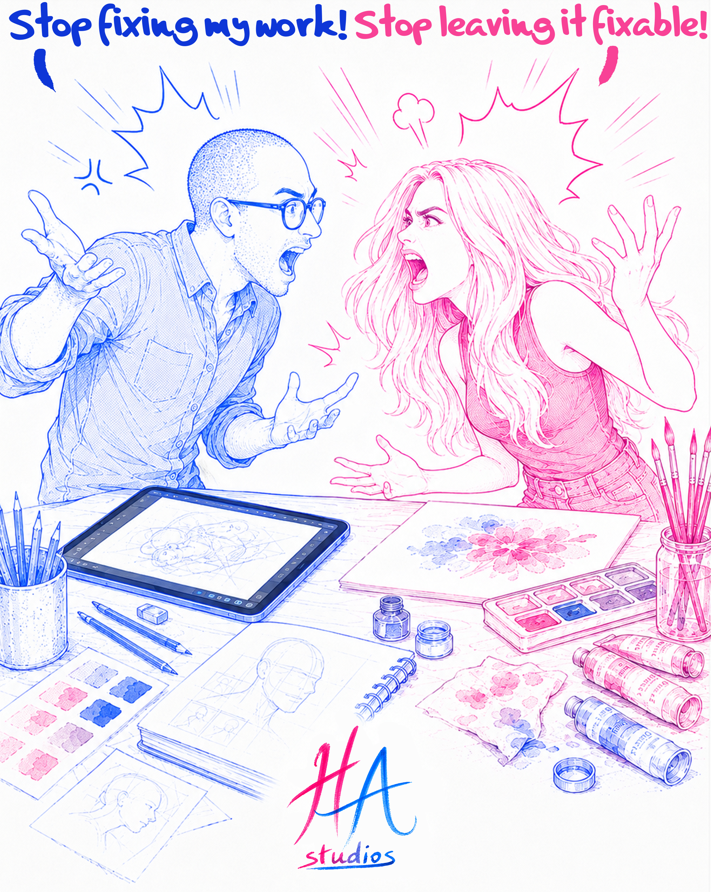 Colorful drawing of an artist's cluttered workspace with sketches, paint palettes, paint tubes, brushes, and a tablet, accompanied by the words 'Stop fixing my work! Stop leaving it fixable!' in bold, expressive lettering.