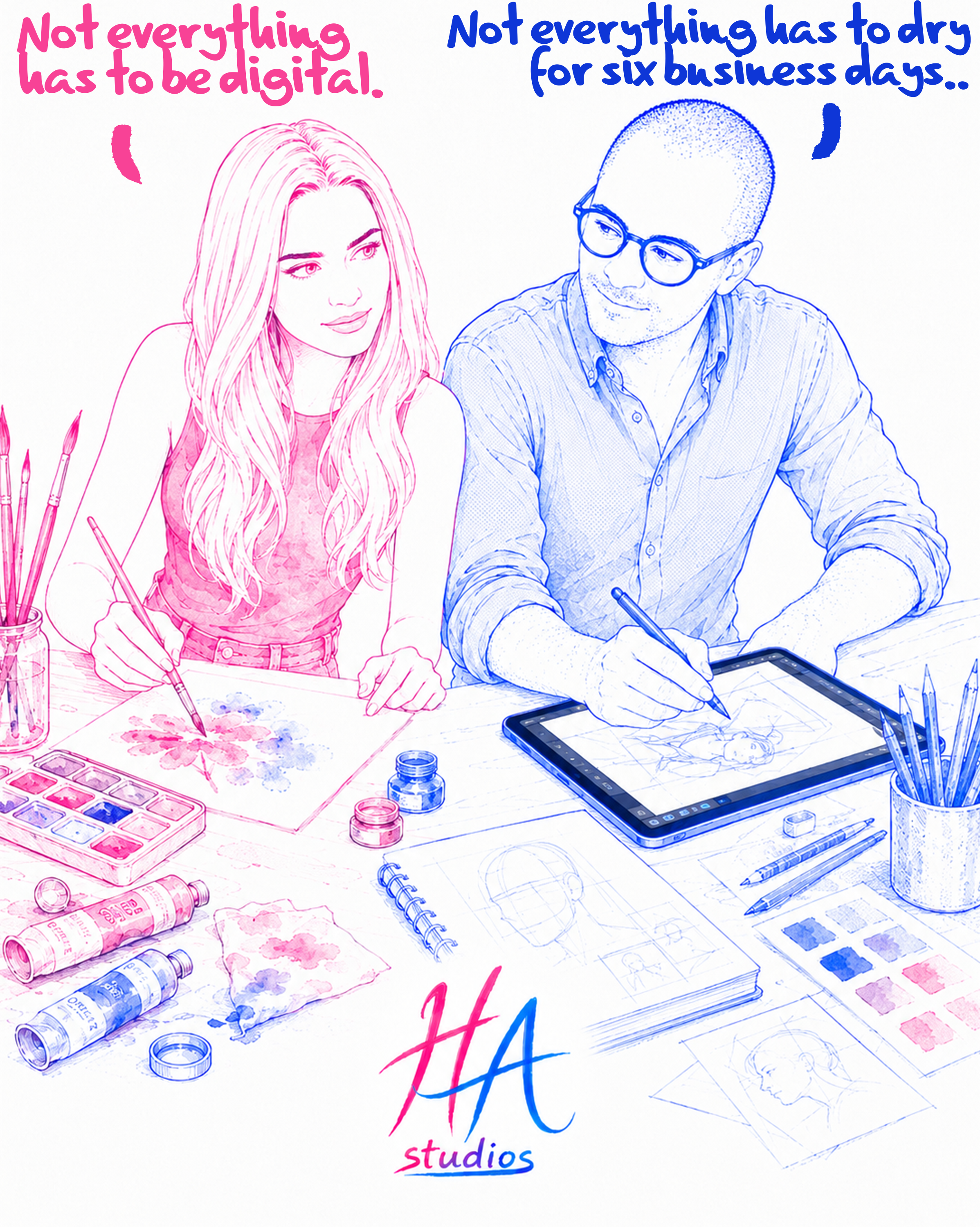 Colorful line drawing of two artists, a woman with long hair and a man with glasses, working on digital art projects at a table filled with paints, paint tubes, brushes, colored pencils, sketches, and digital drawing tools, with text stating, 'Not everything has to be digital' and 'Not everything has to dry for six business days.'