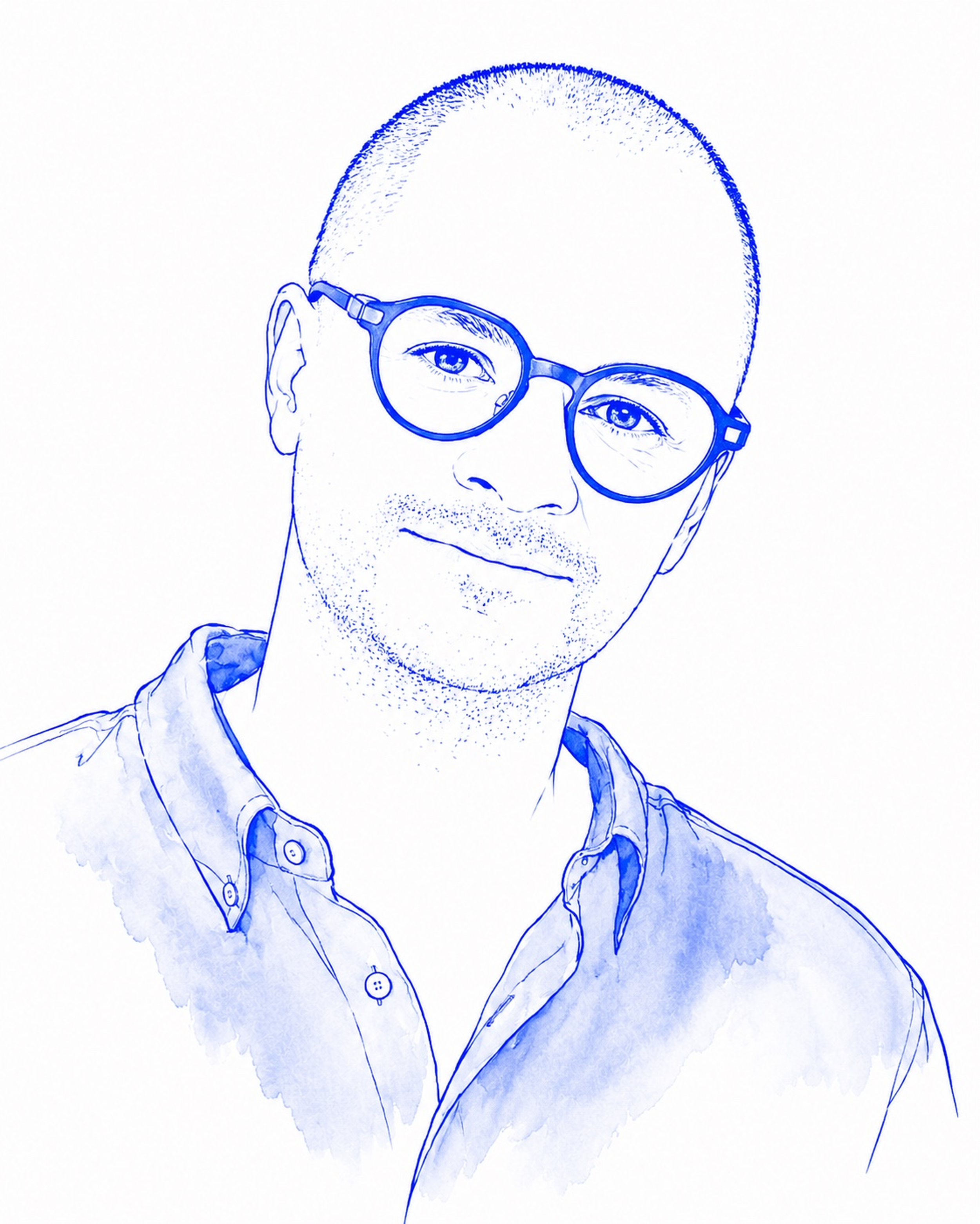 A digital line drawing of a man with short hair, glasses, and a beard, wearing a collared shirt, depicted in shades of blue and white.