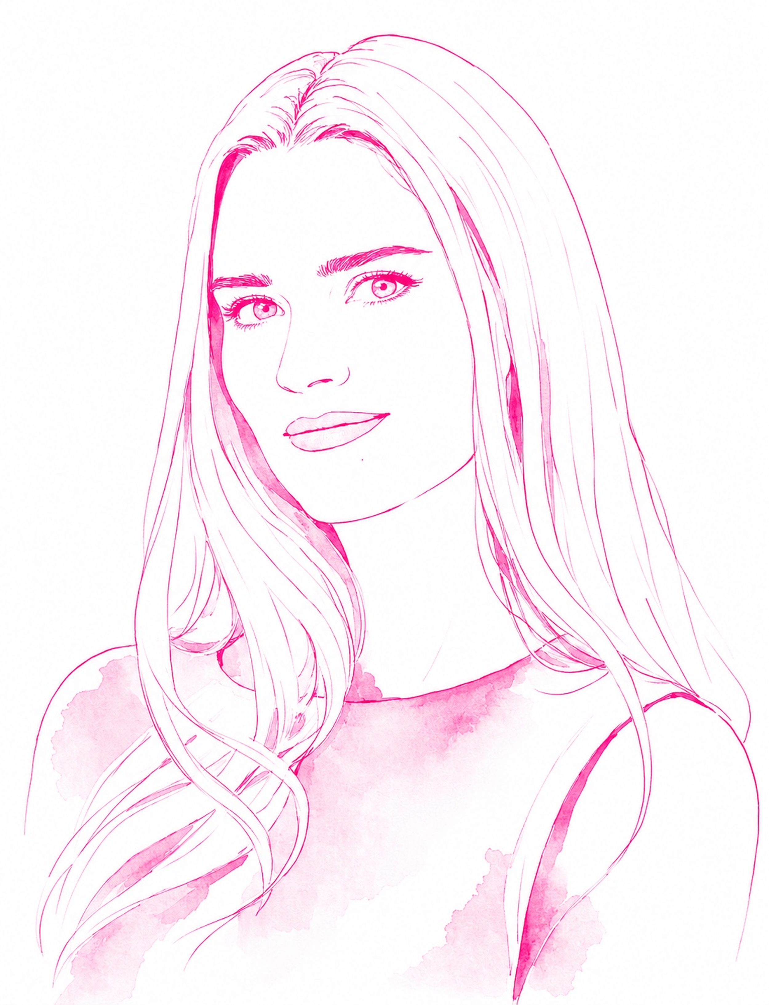 Pink watercolor illustration of a woman with long, flowing hair and detailed facial features.