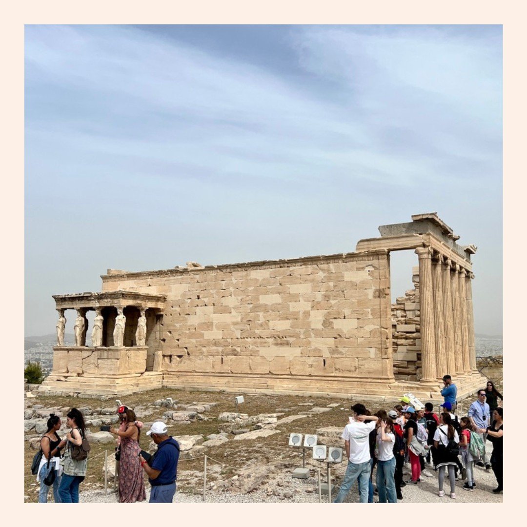 The #Erechtheion has two porches or porticos, on its north and south sides. The roof of the north porch is supported by six ionic columns, while an opening in the floor of the building shows a mark that the Athenians claimed was made by Poseidon stri