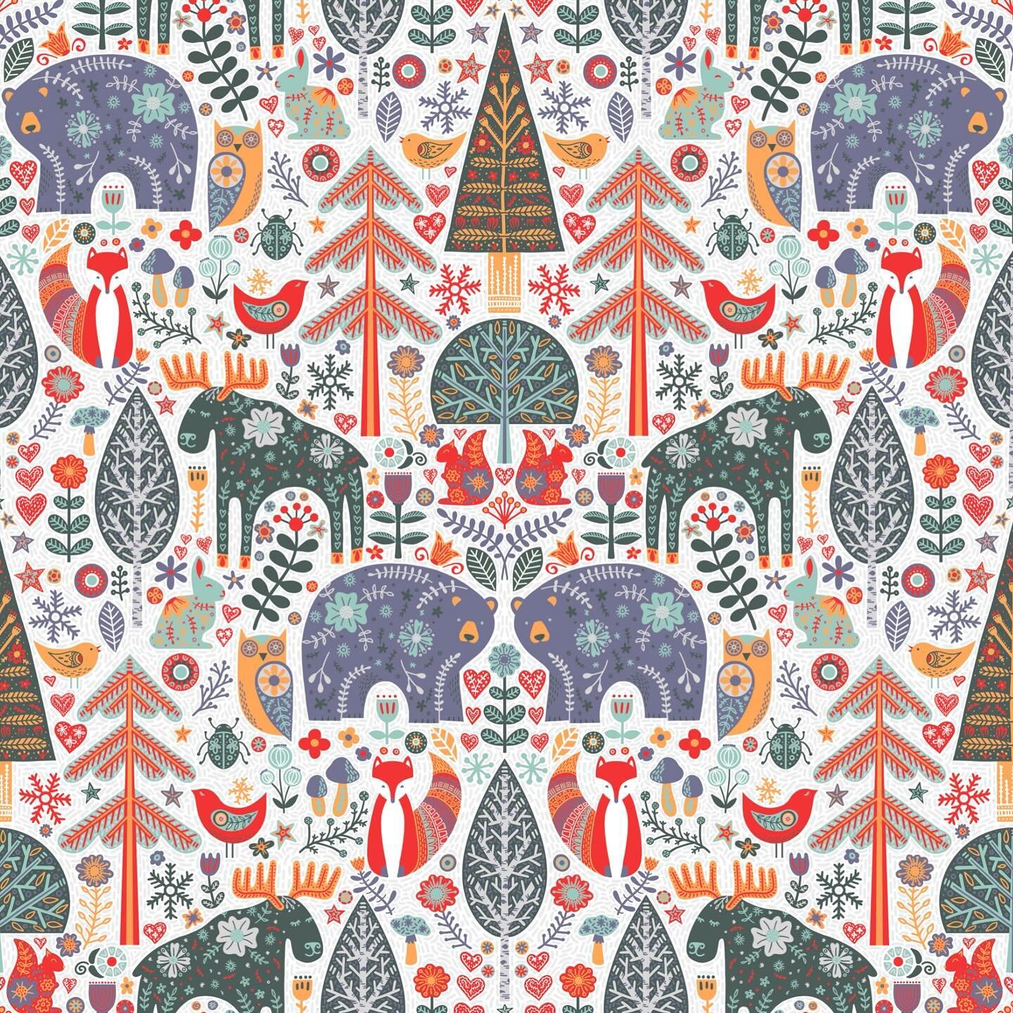 For my current submission to the #spoonflowerdesignchallenge, I had the most fun creating this Boreal Forest Biome, in Scandinavian Folk Art style. I tightened the palate as much as I could, down to six colors, and since I finished, &ldquo;A Scurry o