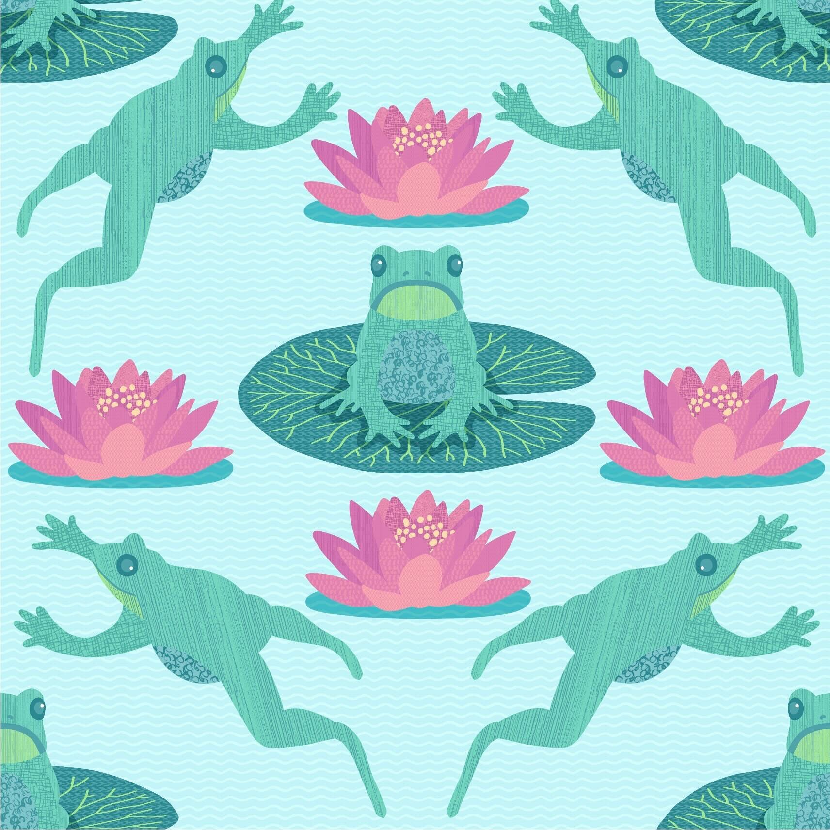 Leap Year Frogs &amp; Lily Pads
I had a lot of fun with this set of MidMod pattern brushes in Procreate. In celebration of February 29, 2024, I present you with lotuses, lily pads and frogs a leaping.

Visit the Spoonflower Design Challenge Voting pa