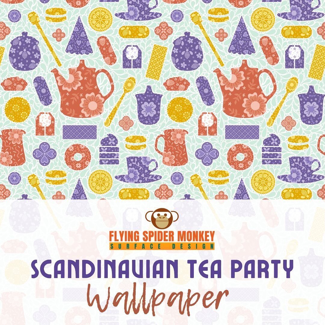 Following in the Nordic Folk Art Style, I researched Scandinavian, mid-century tea sets for this pattern. The design from that era continues to please me and I super dig adding my own flair to this enduring look.

&lsquo;Scandinavian Tea Party Wall&r
