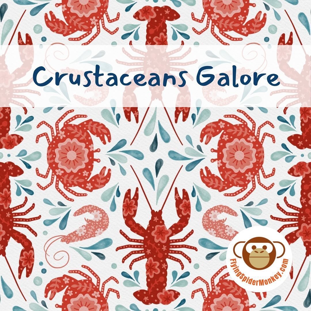 Crustaceans Galore is my current entry for the Spoonflower design challenge. I had a great time playing with a limited palate and folk art decorations. To accompany this pattern are some complimentary designs, which are available as fabric, wallpaper