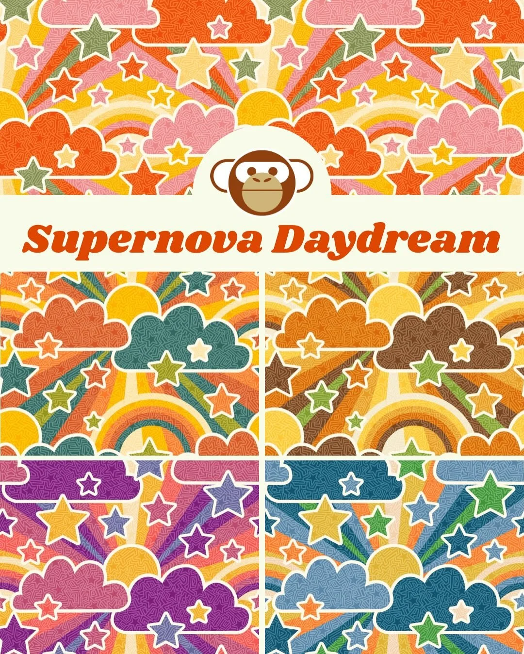 A stellar 1970s-inspired collection featuring a celestial groove. Each design captures movement &amp; optimism with a cosmic flare. Featuring a star-zen-doodle pattern, overlaid on seamless, repeating suns, stars, rainbows and clouds.

This is my ent