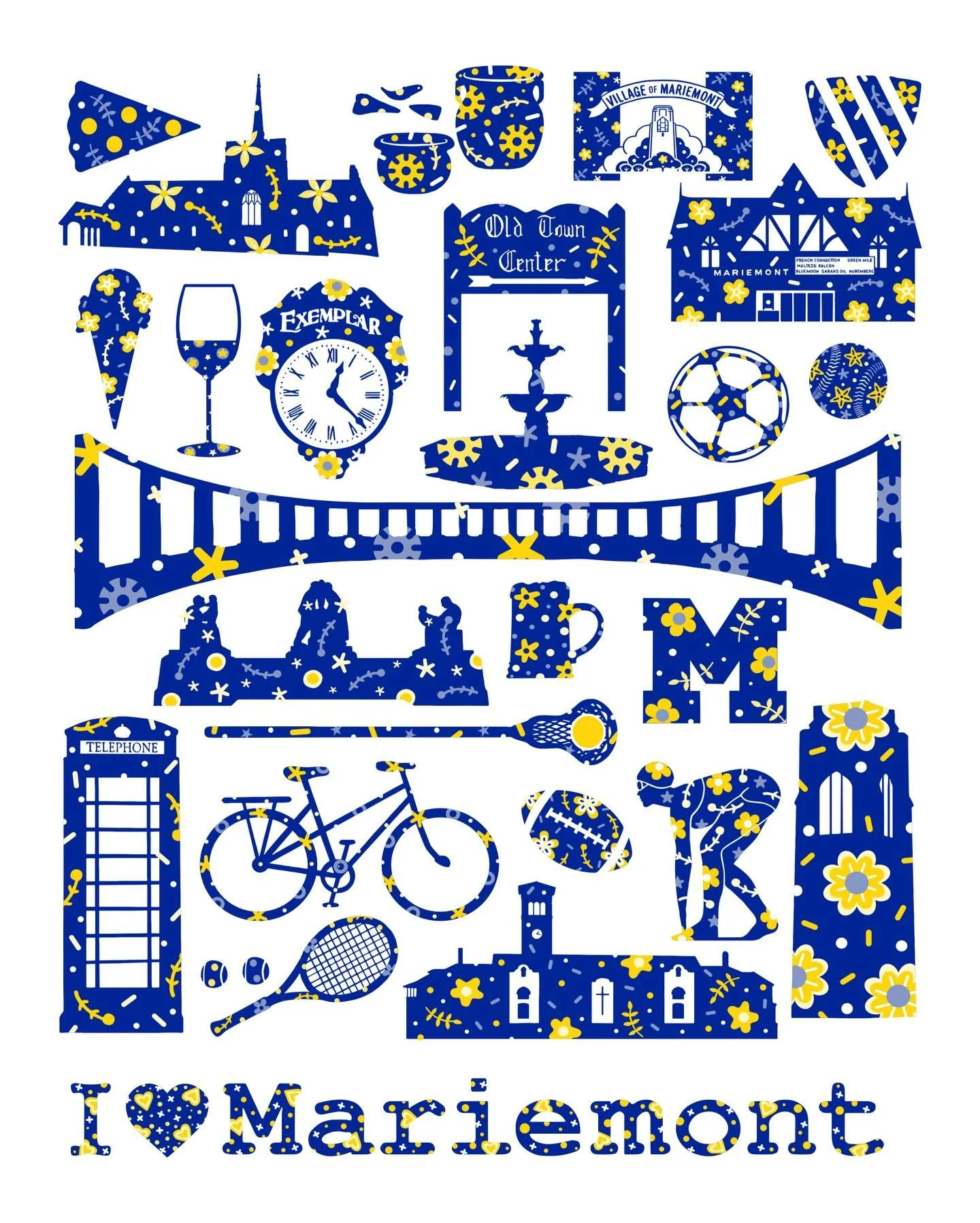 My latest tote design features key icons &amp; landmarks of this dreamy, Tudor-style village just outside Cincinnati. A National Historic Landmark, Mariemont was carefully master-planned in the 1920s by Mary Emery and landscape architect John Nolen, 