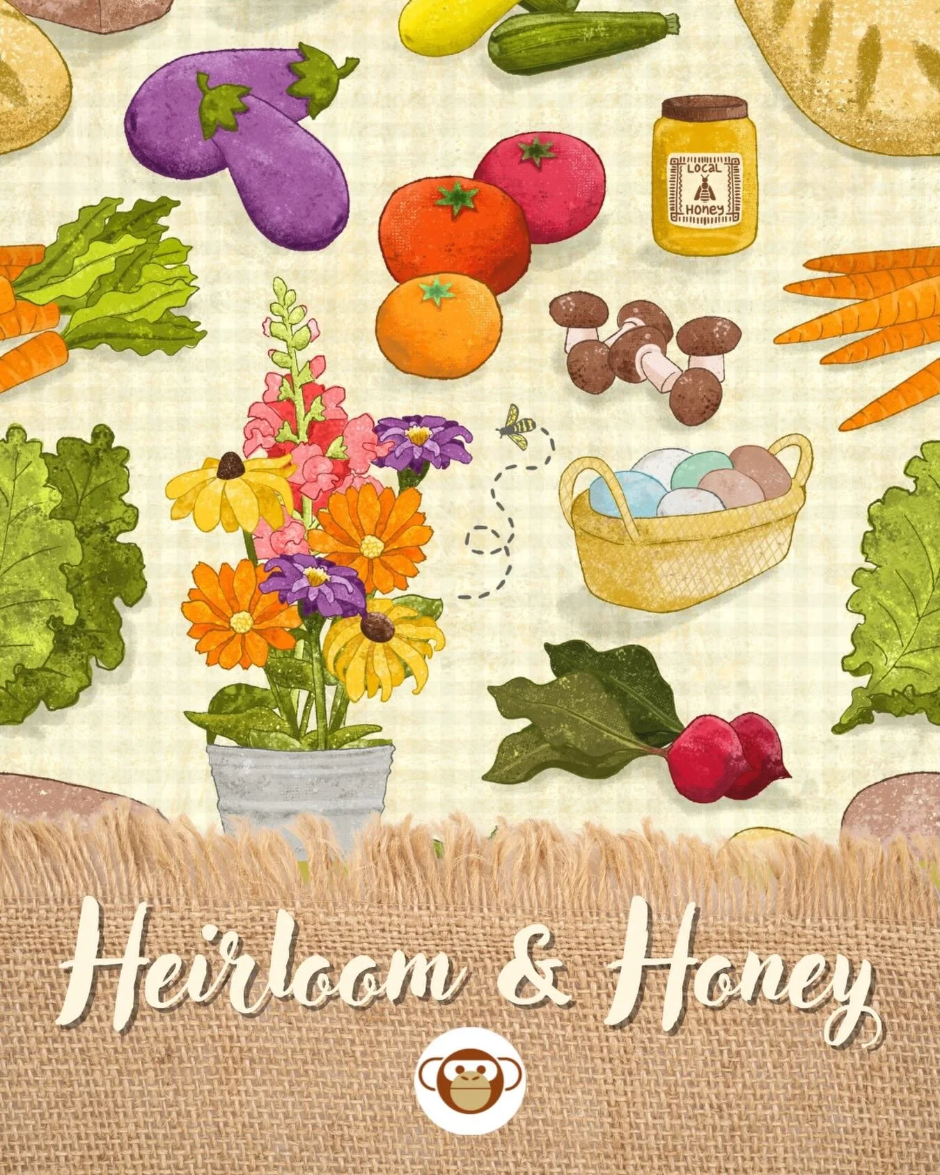 Heirloom &amp; Honey 🍅🍯
My entry for the @spoonflower Farmer&rsquo;s Market challenge &mdash; inspired by sun-ripened produce, fresh bread, honey jars, and slow summer mornings. #spoonflowerchallenge #farmersmarketinspo #summervibes☀️