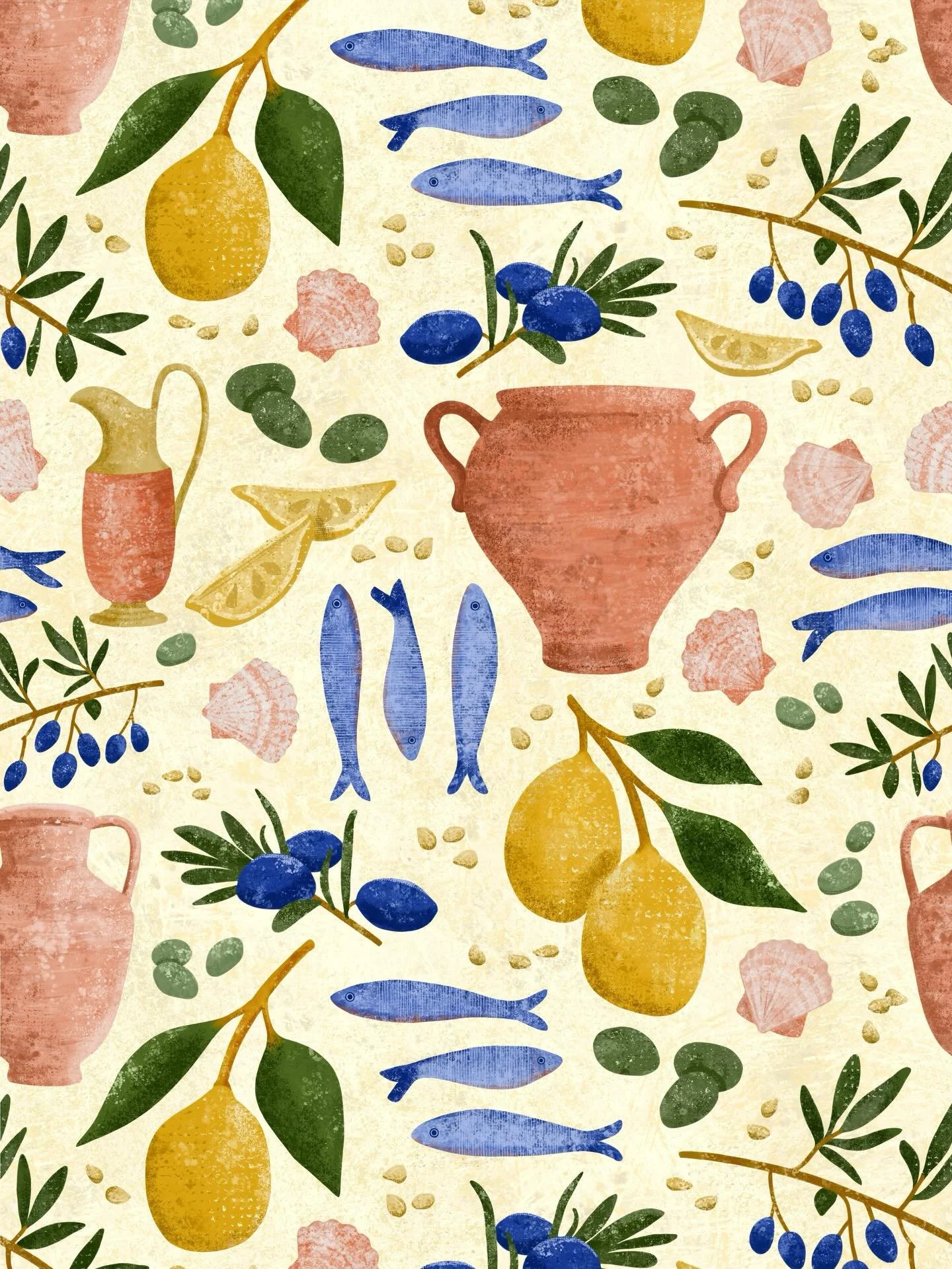 Coastal Provisions 🌊🍋
My newest pattern and entry for the @spoonflower Mediterranean Hues challenge. Sardines, olives, lemons, terracotta vessels, and seaside treasures in a sun-washed palette inspired by coastal Italian kitchens.

Link to wallpape