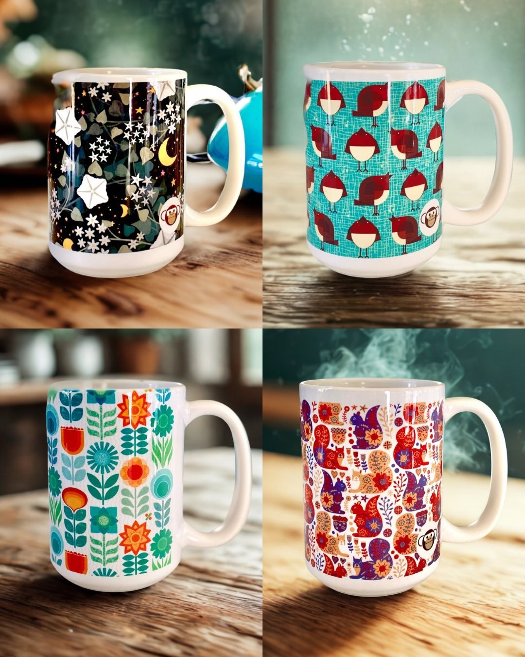 Four patterns, curated into a mug set by a friend.

Mid Mod Spring Flowers&mdash;available exclusively @cincybookbus

A Chorus of Robins, Moonlit Garden, and A Scurry of Squirrels&mdash;available in my Etsy shop (link in bio).

Four small worlds for 