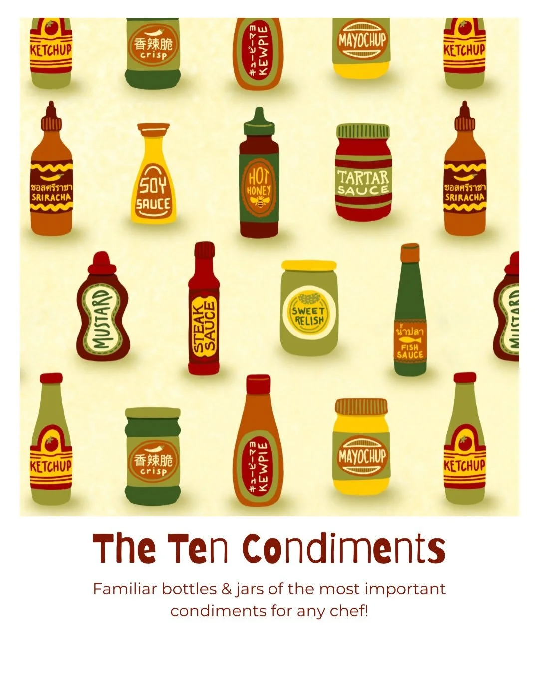 From the archives: The Ten Condiments. 🌶️🍯🥒

A wee pattern collection inspired by the familiar bottles and jars that quietly shape so much of what we cook and eat &mdash; ketchup, pickles, peppers, honey, and the deep foundations of umami.

Each p