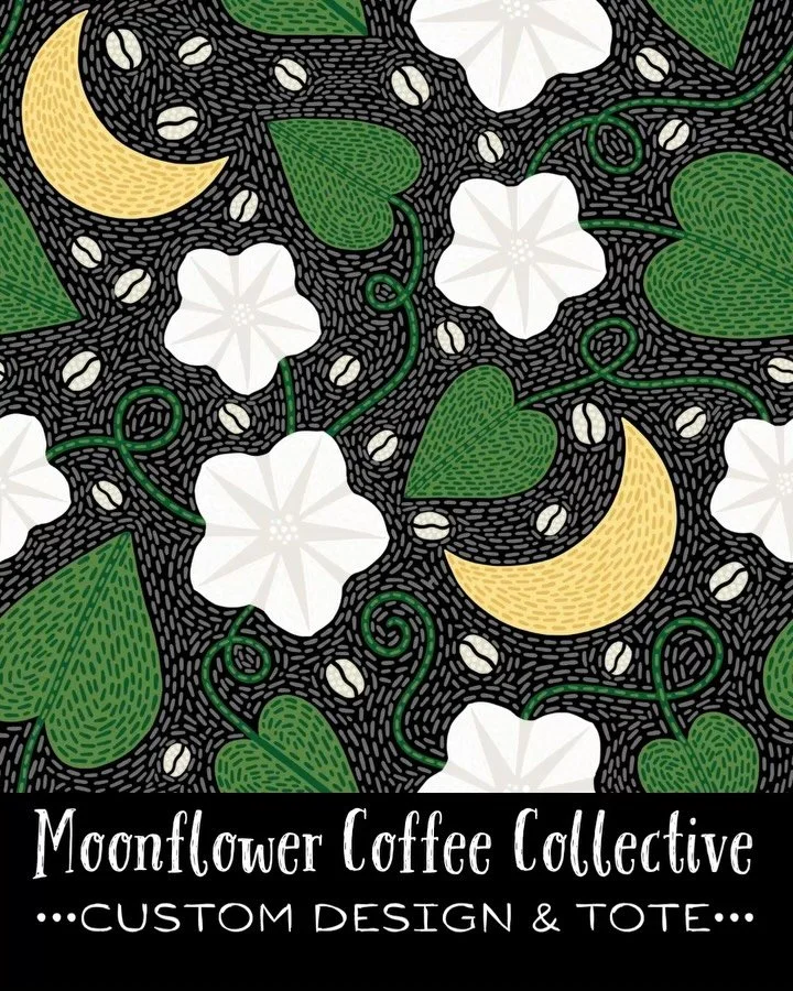 Handmade for slow mornings and good coffee ☕🌙
Custom-designed and sewn for Moonflower Coffee Collective&mdash;where art meets everyday ritual.

#MoonflowerCoffee
#HandmadeTote
#SurfacePatternDesign
#ToteBagCanvas
#ArtInTheEveryday