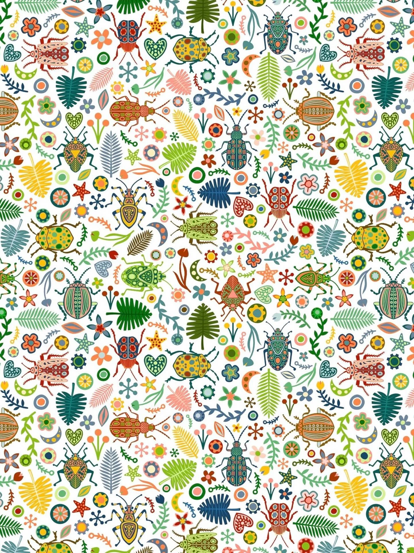 Busy Beetle 🐞🌿

This pattern emerged from my Boreal Forest work, shifting into a tropical jungle filled with wandering beetles, leafy shapes, and small blooming details. I leaned into a Scandinavian, mid-century folk art style&mdash;flat, playful, 