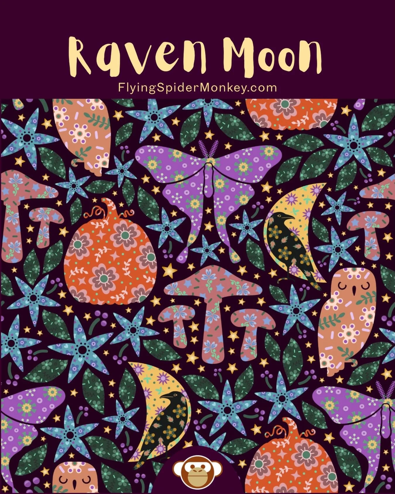 ✨ Raven Moon ✨ Luna moths, pumpkins, ravens, mushrooms, and belladonna blossoms gather beneath a jewel-toned night sky in a whimsical celebration of the harvest season. Inspired by folk art, decorative textiles, and the quiet magic of autumn evenings