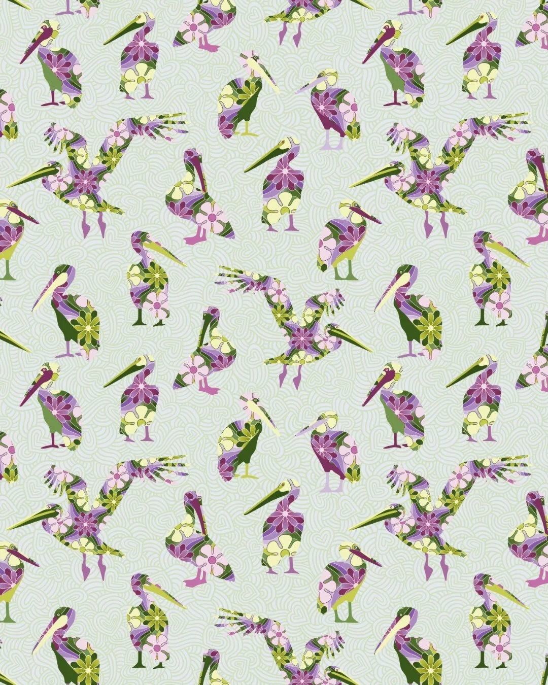 Welcome to Pelican Key. 🌴

A little vintage resort fantasy, where lanky pelicans strut their best &rsquo;70s florals. 💜🌸

Pelican Key is the hero pattern from Island Affair, my contribution to this week&rsquo;s pelican prompt from @thetuesdaycolle