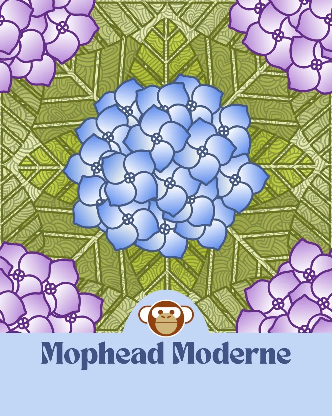 Mophead Moderne 🌿

A 1970s-inspired take on the classic mophead hydrangea, with lavender and blue blooms layered over a richly geometric, hand-drawn ground. I love how it lands somewhere between retro textile, botanical ornament, and modern wallpape