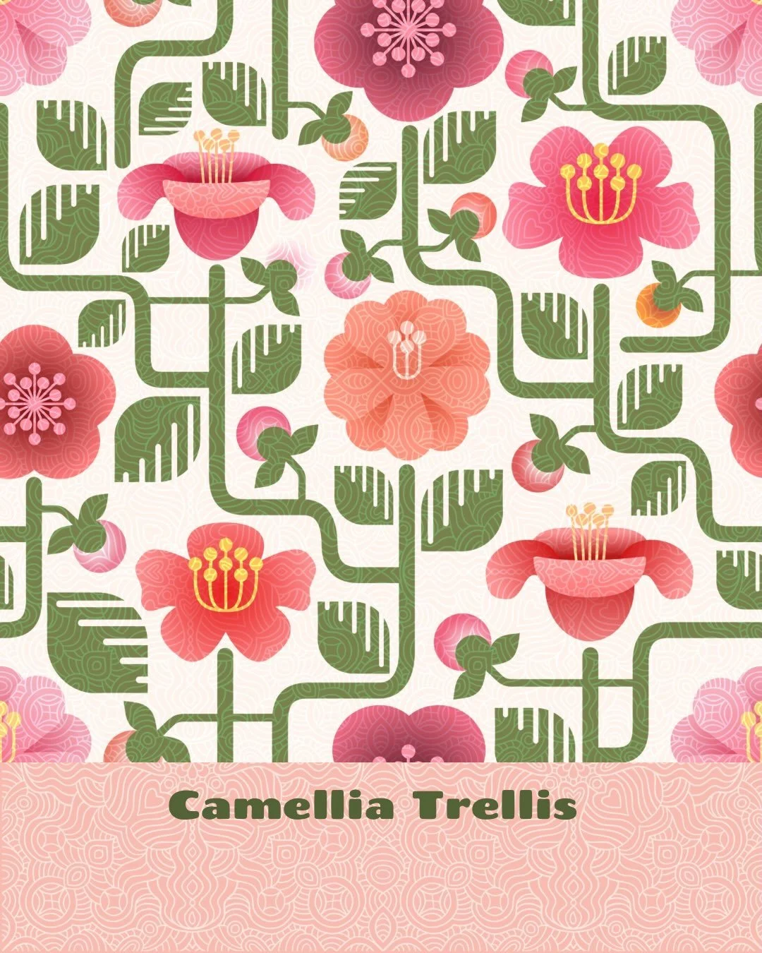 CAMELLIA 🌺

This week&rsquo;s @thetuesdaycollective prompt is Camellia &mdash; and I went in a decidedly mid-century direction.

Camellias are evergreen shrubs native to eastern and southern Asia, prized for their lush, sculptural flowers. Depending