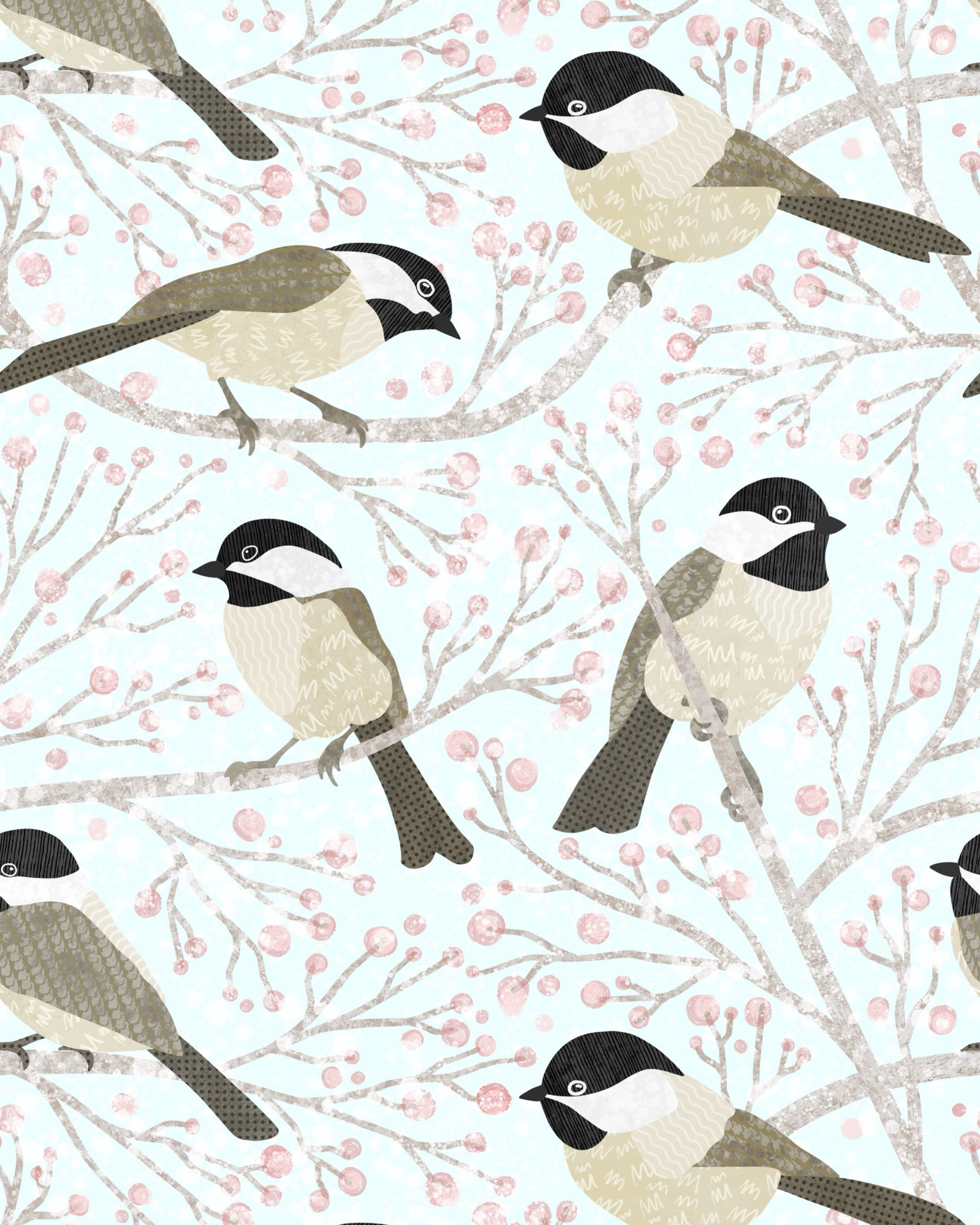 ❄️ Still playing with these little winter chickadees, who are performing double duty for both an upcoming @spoonflower challenge AND a as part of this year&rsquo;s holiday greeting card series. 

#surfacepatterndesign #chickadees #winterdecor #folkar