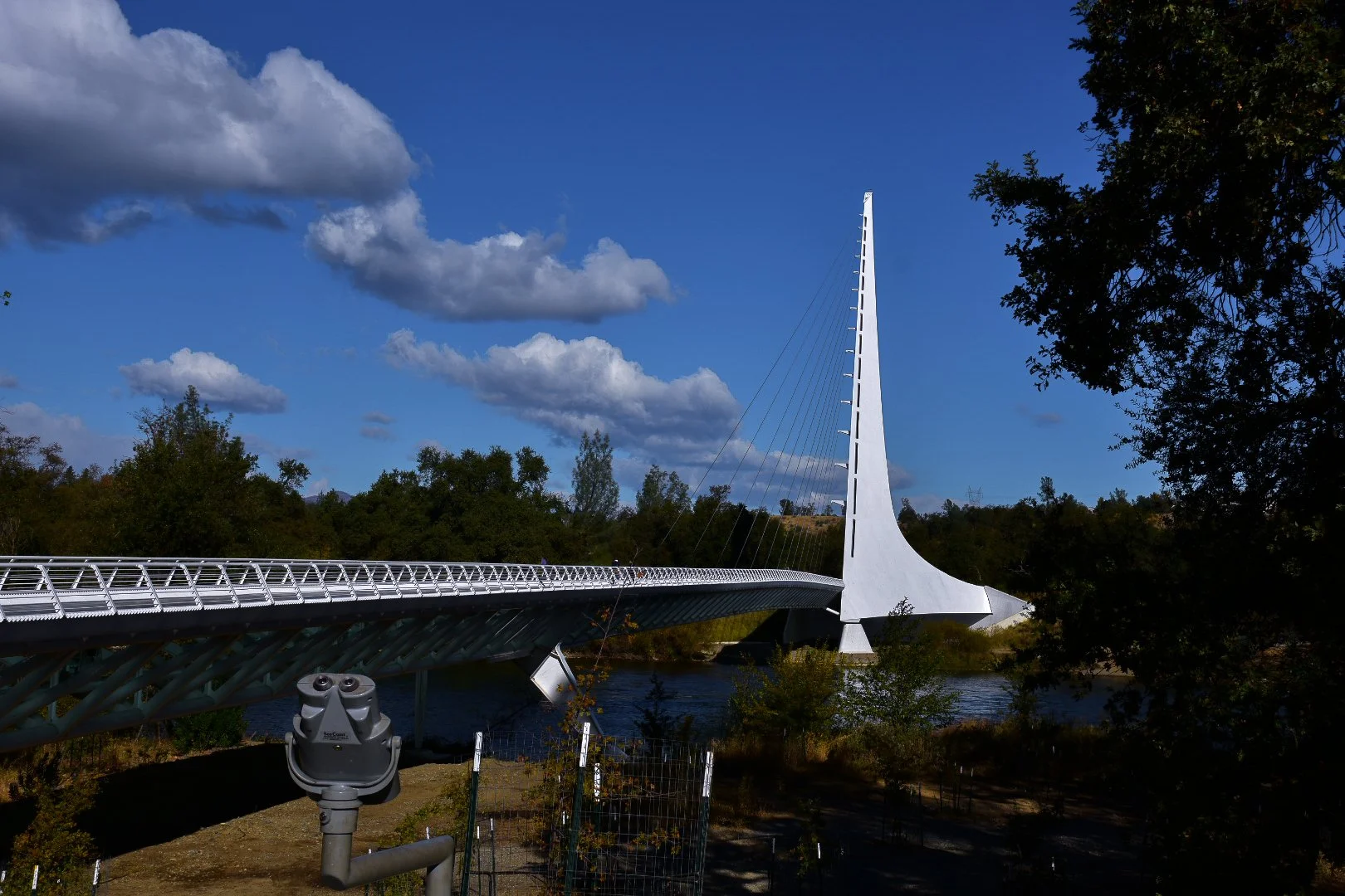 A modern white suspension bridge over a river with a tall, curved pylon supporting the cables, surrounded by trees and a partly cloudy sky.