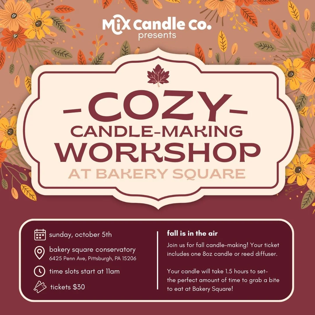 ✨ Cozy Candle-Making Workshop ✨
Join us at Bakery Square Conservatory on Sunday, 10/5 for a hands-on candle-making experience!

🕒 Time slots start at 11AM
💲 $30 per ticket
🕯 Create your own 8oz candle or reed diffuser
🌸 Choose from 40+ fragrances