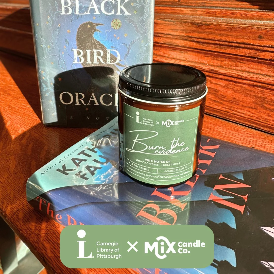 📚✨ Burn the Evidence- one of our limited-edition candles in collaboration with the Carnegie Library of Pittsburgh!⁠
⁠
With rich notes of smoked cypress and forest moss, this candle is perfect for the book lover in your life. 🕯️⁠
⁠
50% of proceeds f
