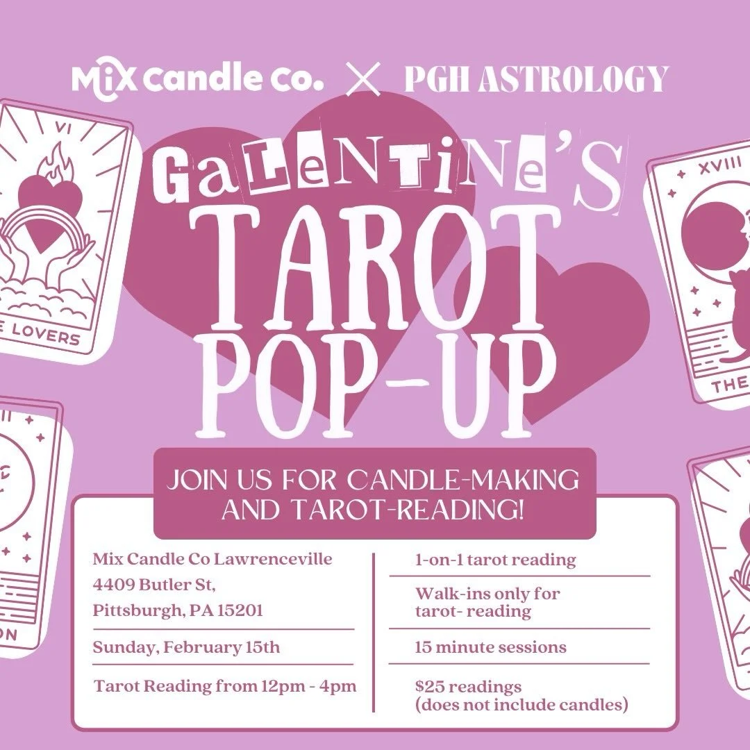 ✨ Tarot + Candles = The perfect Galentine&rsquo;s Day ✨⁠
⁠
Join us at Mix Candle Co Lawrenceville for a pop-up with the one and only PGH Astrology!
📅 Sunday, February 15th
🕐 12PM &ndash; 4PM⁠
⁠
Enjoy a 15-minute tarot reading for $25 (purchased sep