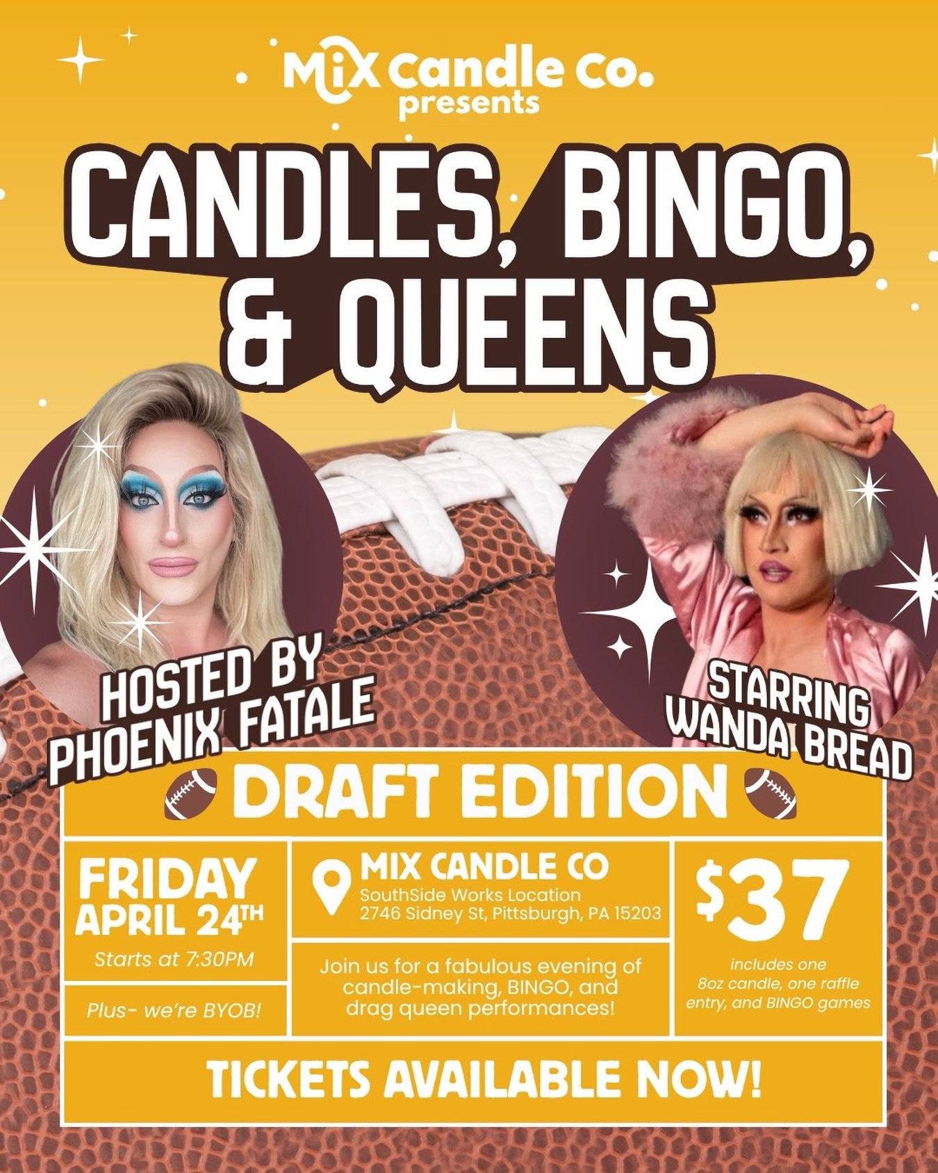 Mix Candle Co is feeling the magic of Draft weekend ✨🏈

Celebrate the excitement with a night you won&rsquo;t forget at our SouthSide Works location. Join us Friday, April 24 at 7:30 PM for an evening of candle-making, drag, and games, featuring daz