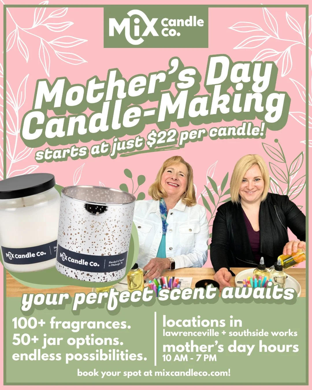 Celebrate Mother&rsquo;s Day with a candle-making experience at Mix Candle Co 🕯️💐⁠
⁠
Candles start at just $22, and all pour-your-own candles are Buy 3, Get 1 free! With 100+ fragrances, 50+ jar options, and endless possibilities, you can create so