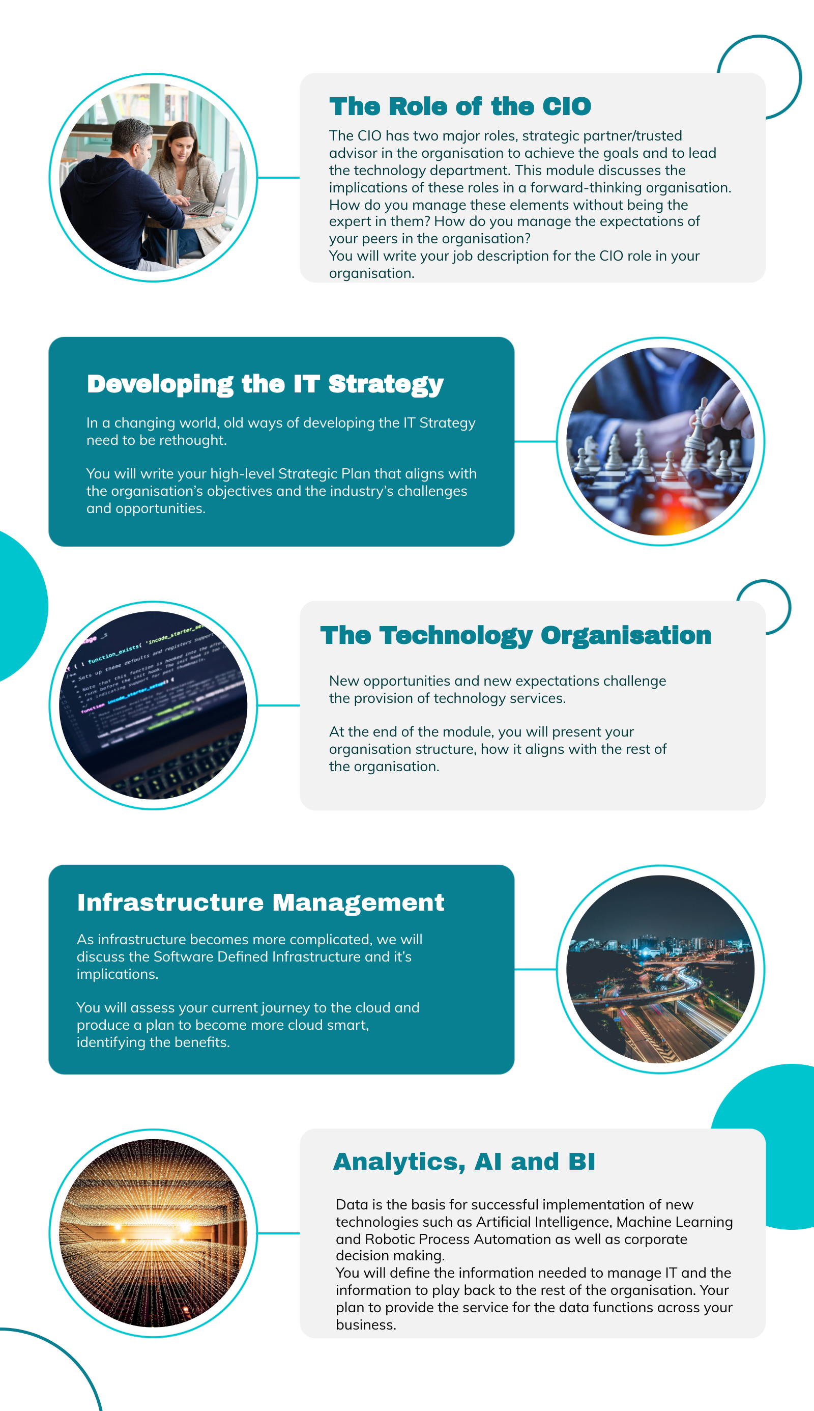 An infographic explaining various organizational roles and strategies in technology, including sections on the CIO's role, IT strategy development, technology organization, infrastructure management, and data analytics, each with relevant images.