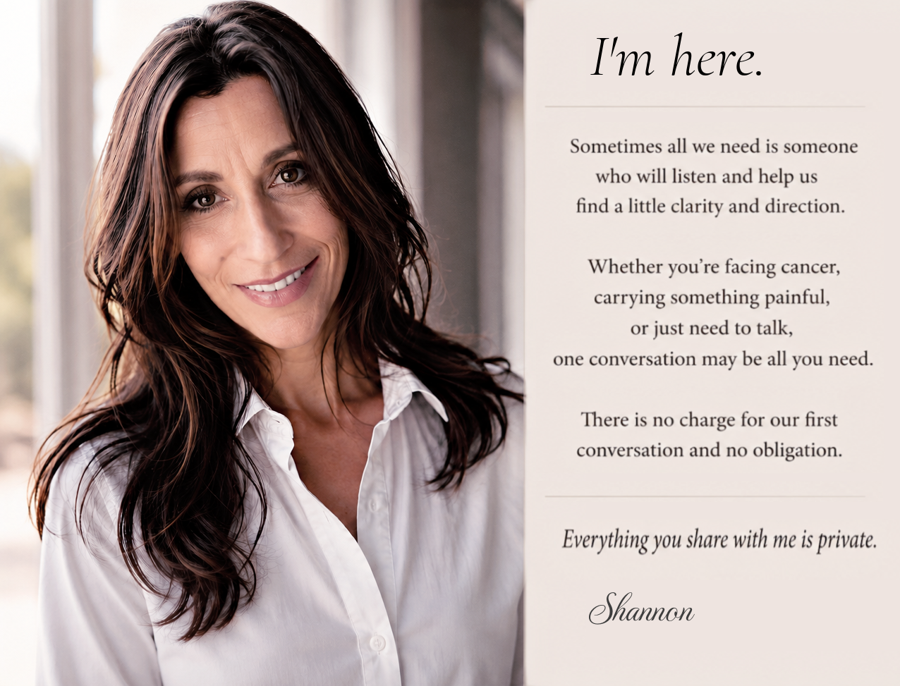 A smiling woman with long dark hair wearing a white button-up shirt, standing near a window with soft natural light, beside a message board with a note about listening and support from Shannon.