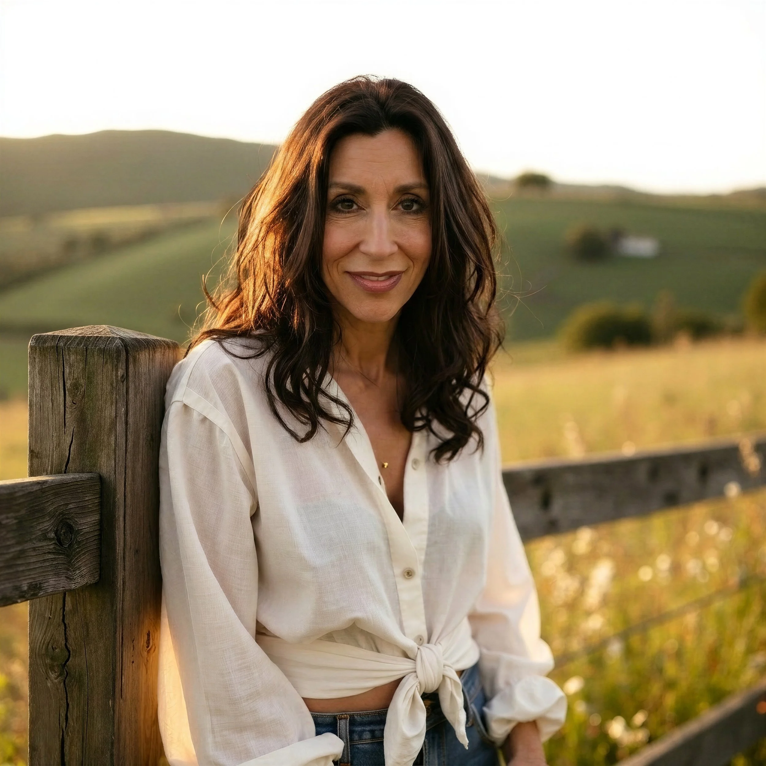 Shannon Knight leaning on a wooden fence during sunset in Wyoming