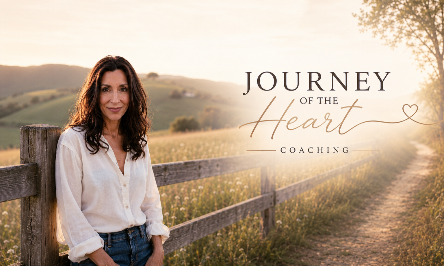 Shannon Knight leaning on a wooden fence in a field during sunset with rolling hills in the background, promoting 'Journey of the Heart Coaching'.