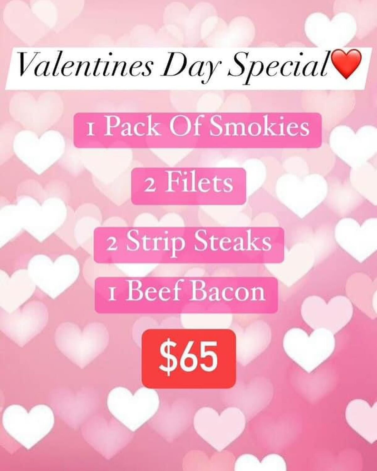 Happy February💕

We have ‼️THREE‼️ specials we are running this week (2/3-2/10)

💕Valentines Day Special $65

🏈Super Bowl Special $35

🔥Brisket $5.50 per lb

We ‼️RESTOCKED‼️ our best seller, the 1/8th of a beef!

We have two 🐷PORK🐷 options ava