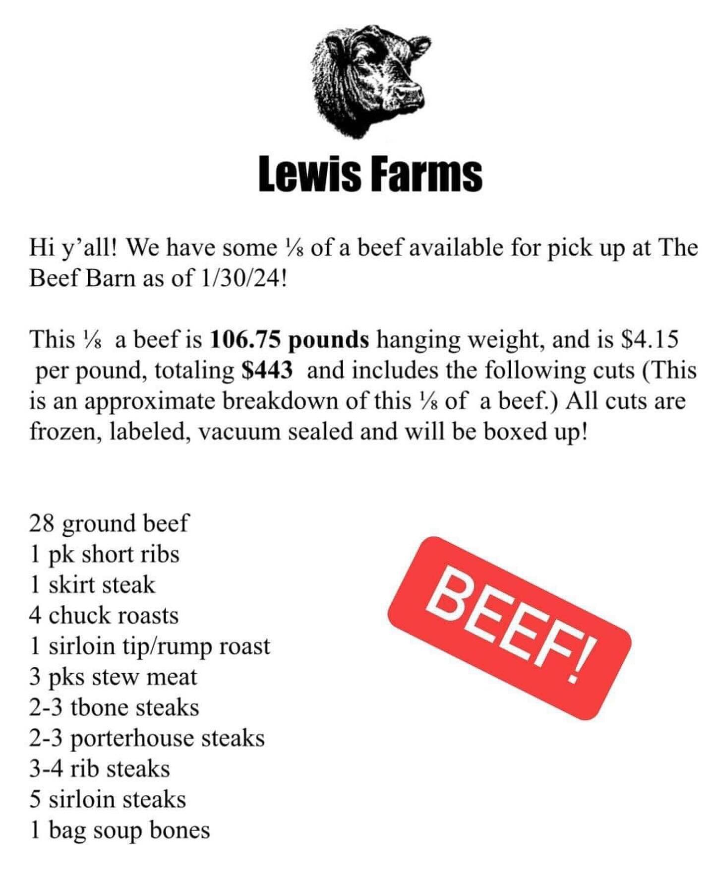 Placing your cutting order for custom freezer beef or pork intimidating to ya?😟

No worries we got you😘

We have ⭐️PRE CUT⭐️ beef and pork available for pickup at The Beef Barn! 

We currently have 1/4 of a pig, whole pig, and 1/8 of a beef! Check 