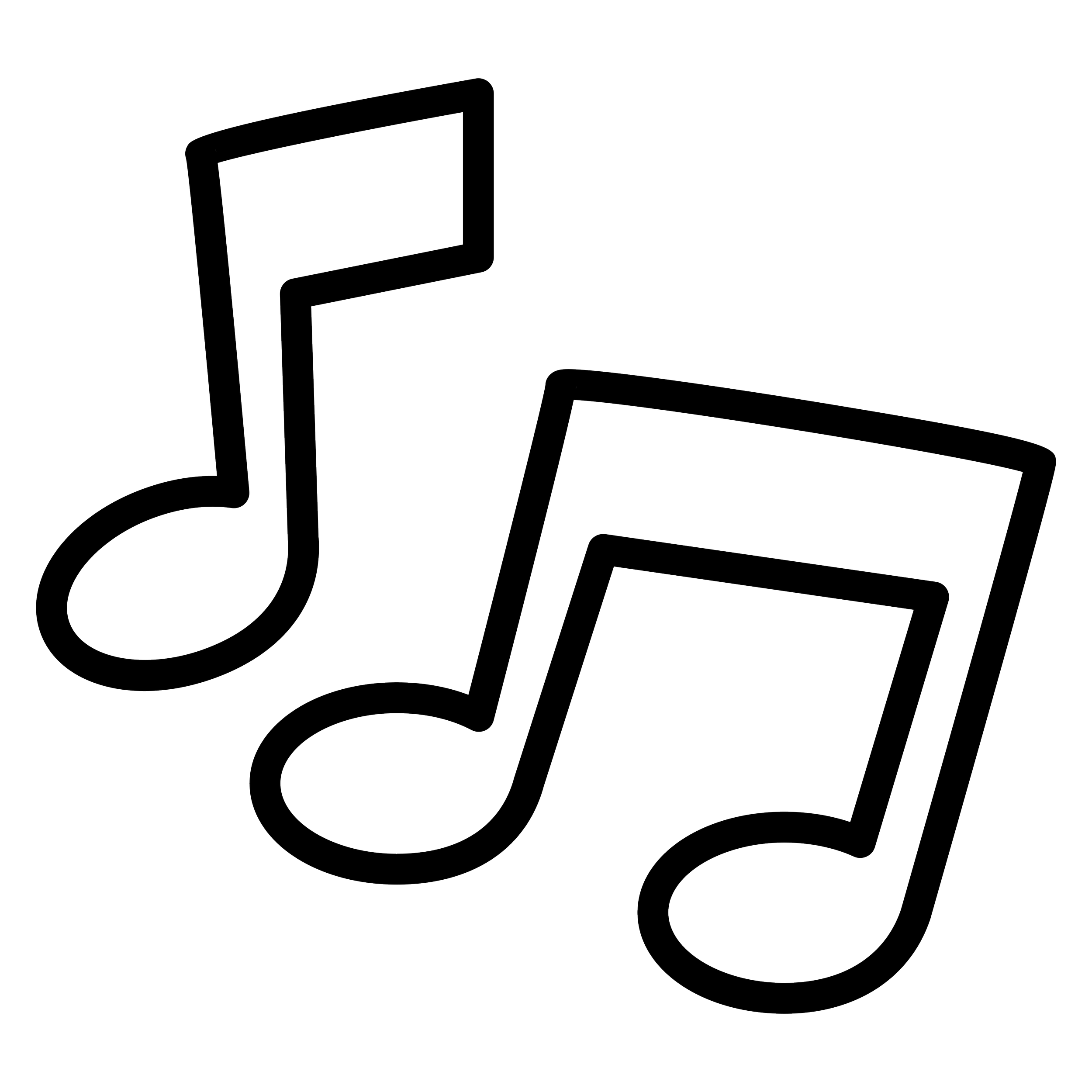 Outline of two musical notes, eighth notes, on a black background.