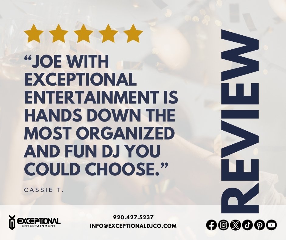We put in the work so you can enjoy your special day! 💯 Read the full review below.
&ldquo;Joe with Exceptional Entertainment is hands down the most organized and fun DJ you could choose. He truly had the dance floor full all night long, was sure to