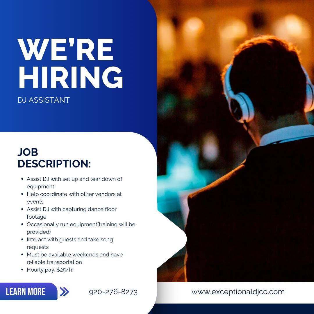 We&rsquo;re on the lookout for our next superstar to help get us through the busy wedding season. If you&rsquo;re looking for a fun working environment and a little extra spending money this might be the right fit for you. Our DJ assistants help ensu