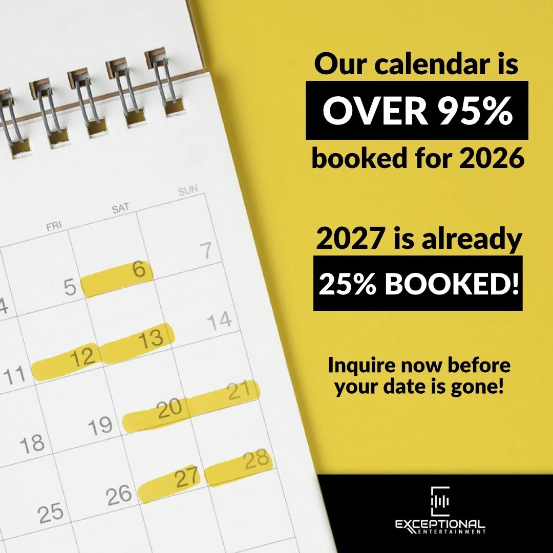 2026 is almost spoken for ✨
With our calendar already 95% full for 2026 and 2027 dates beginning to fill, couples planning elevated, experience-driven weddings are securing their entertainment early.
If a seamless, luxury experience is part of your v