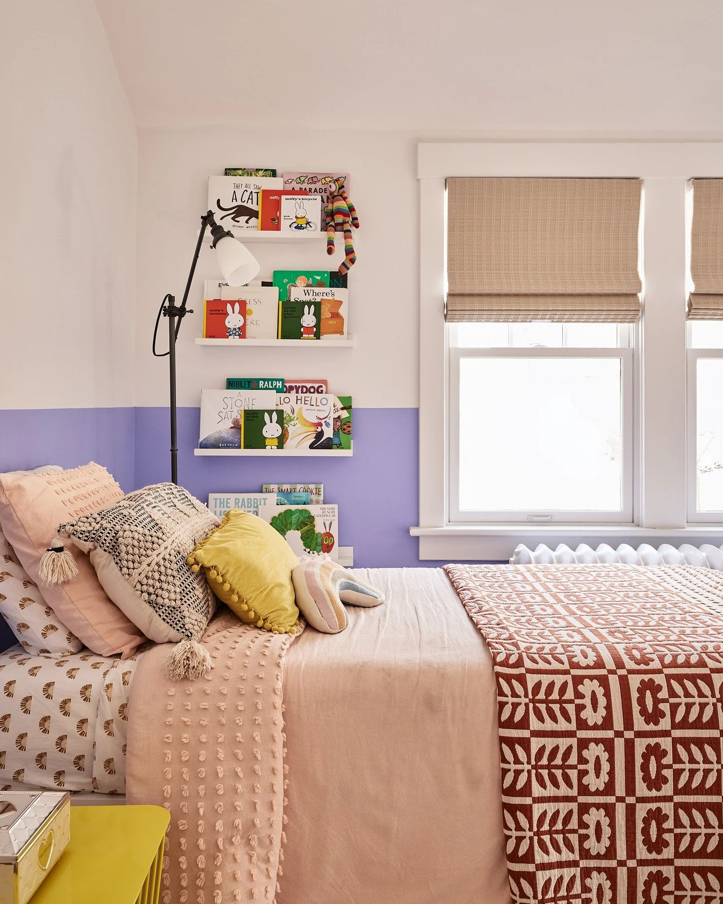 Our youngest, Faye, turned three (!) over the weekend, which feels like the perfect excuse to share her sweet little nursery. The color palette for this room was largely inspired by two @carolineclark_design prints (swipe to spot them on the opposite