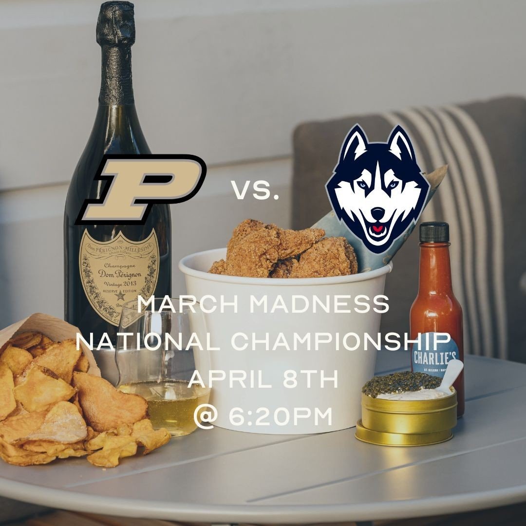 Join us this evening for the MARCH MADNESS NATIONAL CHAMPIONSHIP! 🏀 Let us keep your glass and belly full while you watch the Purdue Boilermakers take on the UConn Huskies. Oh, and when you purchase one of our Sweet Sixteen wines, get a 6-piece buck
