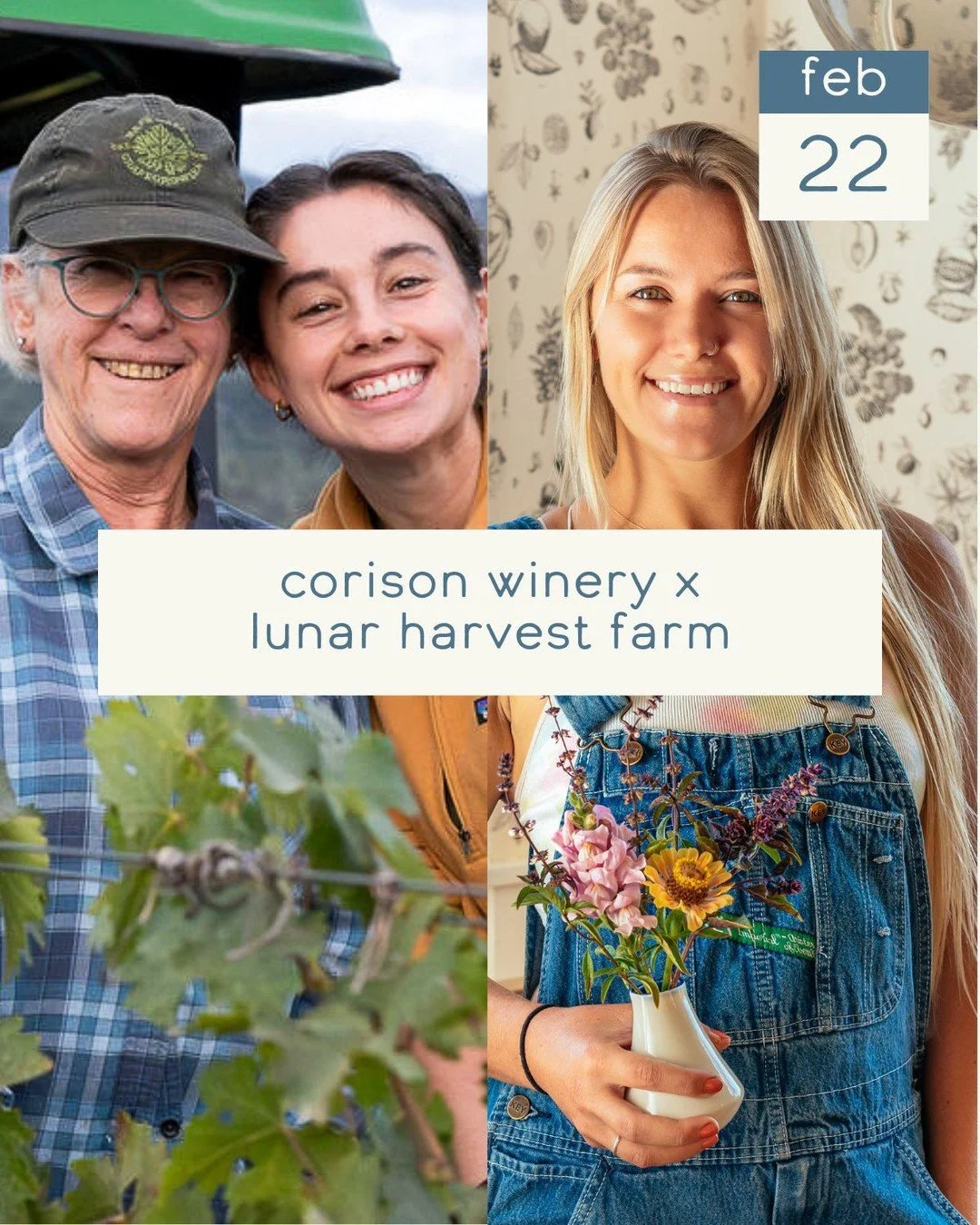 On Sunday, February 22nd, we're excited to welcome Cathy Corison and Grace Corison Martin of @corisonwinery, alongside Alex Gerdes of @lunarharvest_farm, for our next ICONS &amp; INNOVATORS 🍷 dinner!⁠
⁠
From vineyard rows to garden beds, this evenin