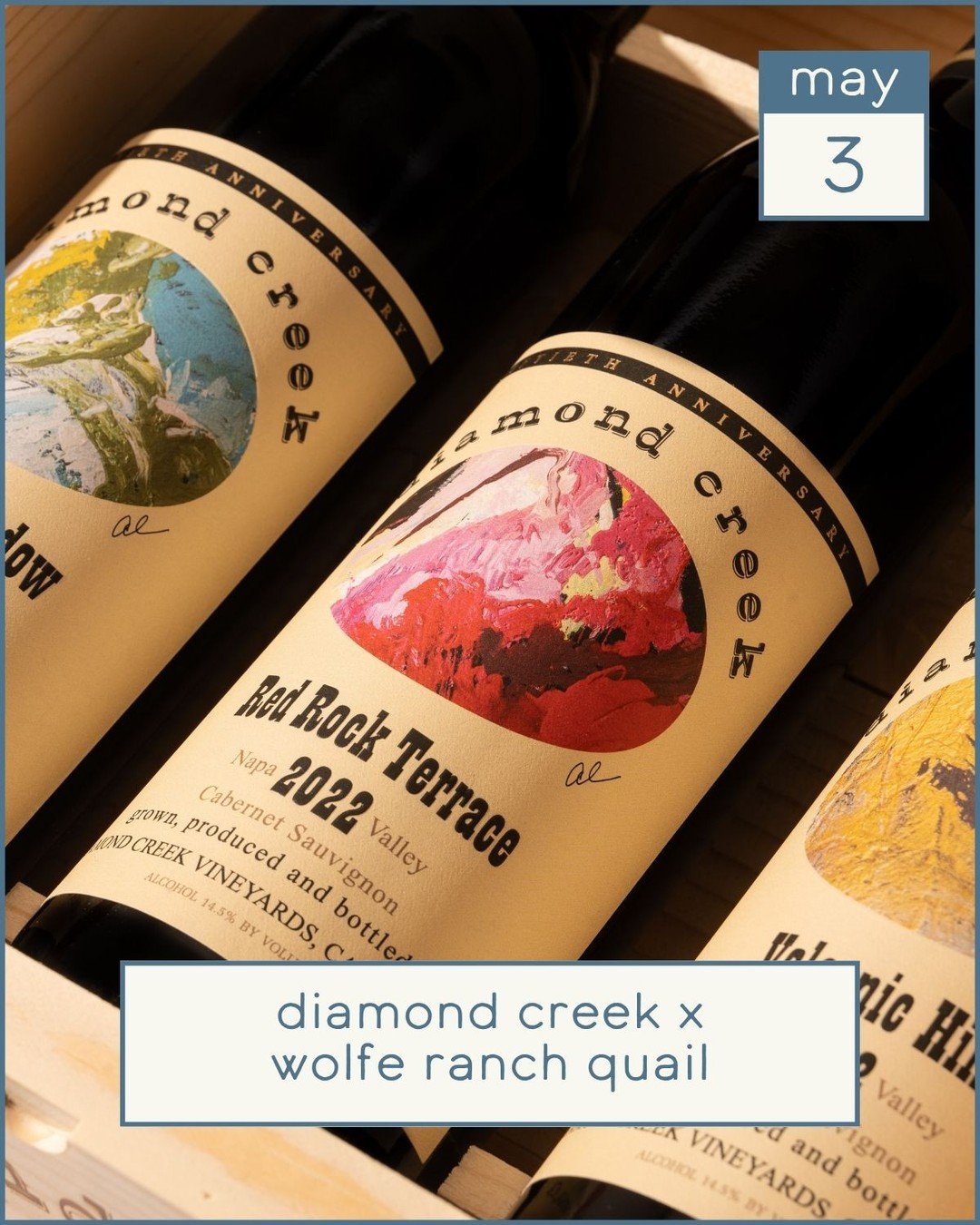 Next Sunday, May 3rd, we look forward to welcoming Graham Wehmeier and Allie Regan of @diamond_creek_vineyards, alongside Brent Wolfe of #WolfeRanch for our next ICONS &amp; INNOVATORS 🍷 dinner!⁠
⁠
The evening will feature Diamond Creek's 50th Anniv