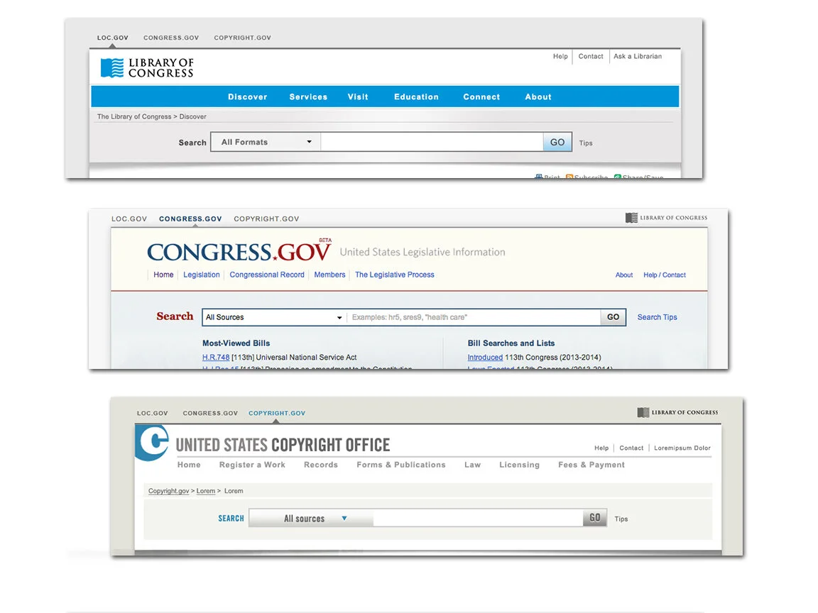 A quick win with high value: design a header to unifying the Library’s main properties.

Many visitors of the Library’s websites were not aware that LOC.gov, Congress.gov and Copyright.gov all live under the same roof on Capitol Hill. This simple sol