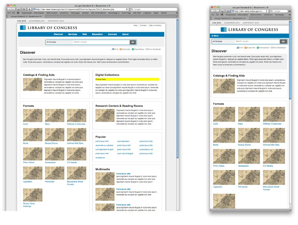 Modular templates: Defining break points for responsive design.

Once the templates were built with CSS and HTML5, we worked closely with developers to noodle and tweak the images and captions, defining break-points and hierarchy of page elements.