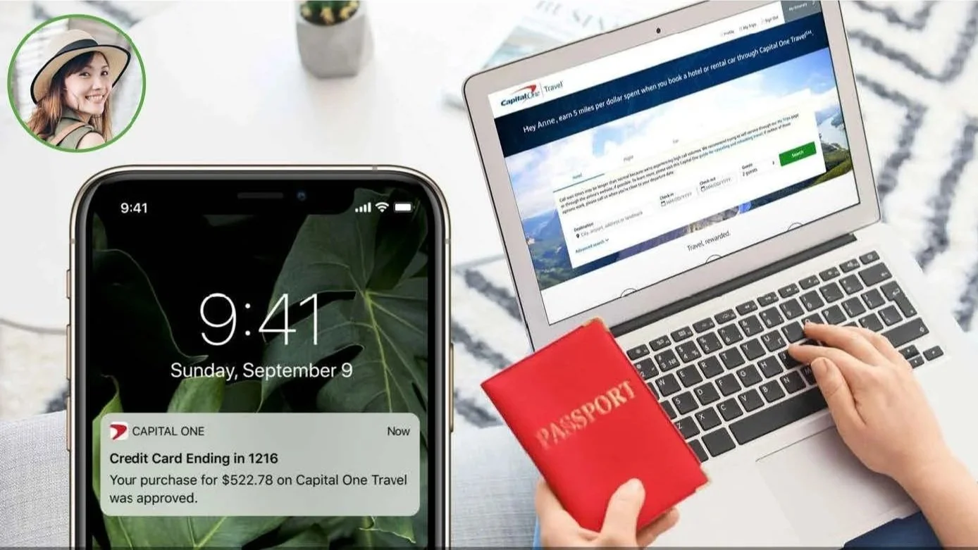 Anne's scenario: Anne uses her Venture card to book a flight from IAD on the Capital One Travel Portal. The confirmation email she receives after booking lets her know that she has free access to the new Capital One lounge at Dulles Airport! 
