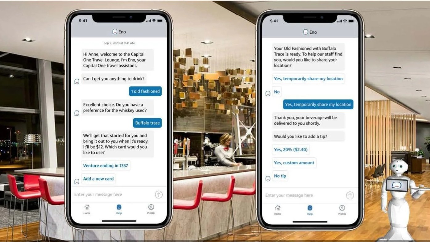 Anne's scenario: Once inside the Lounge, she receives an Eno message asking her if she'd like to order a premium drink. The app uses her Venture card as the default card-on-file and allows her to add a tip.