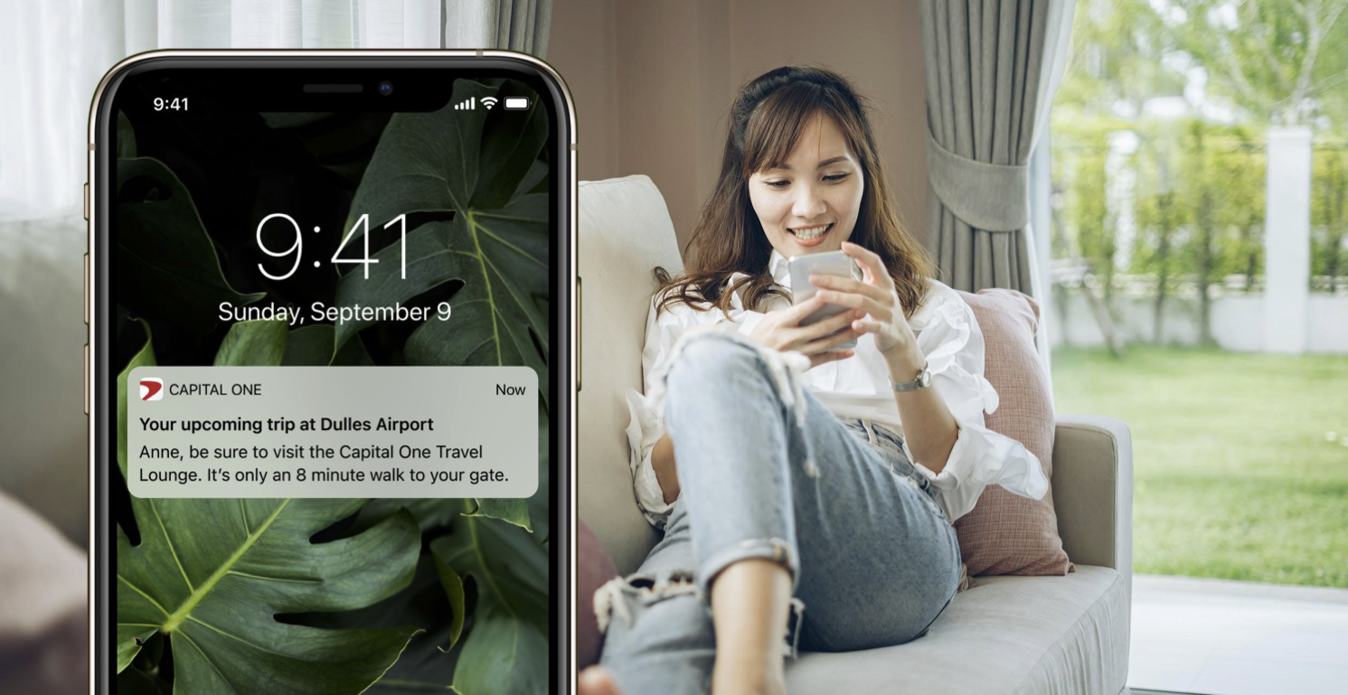 Anne's scenario: 24 hours before her flight, Anne receives a push notification reminding her about the lounge, with a deep-link into the EASE lounge experience where she can see her lounge pass.