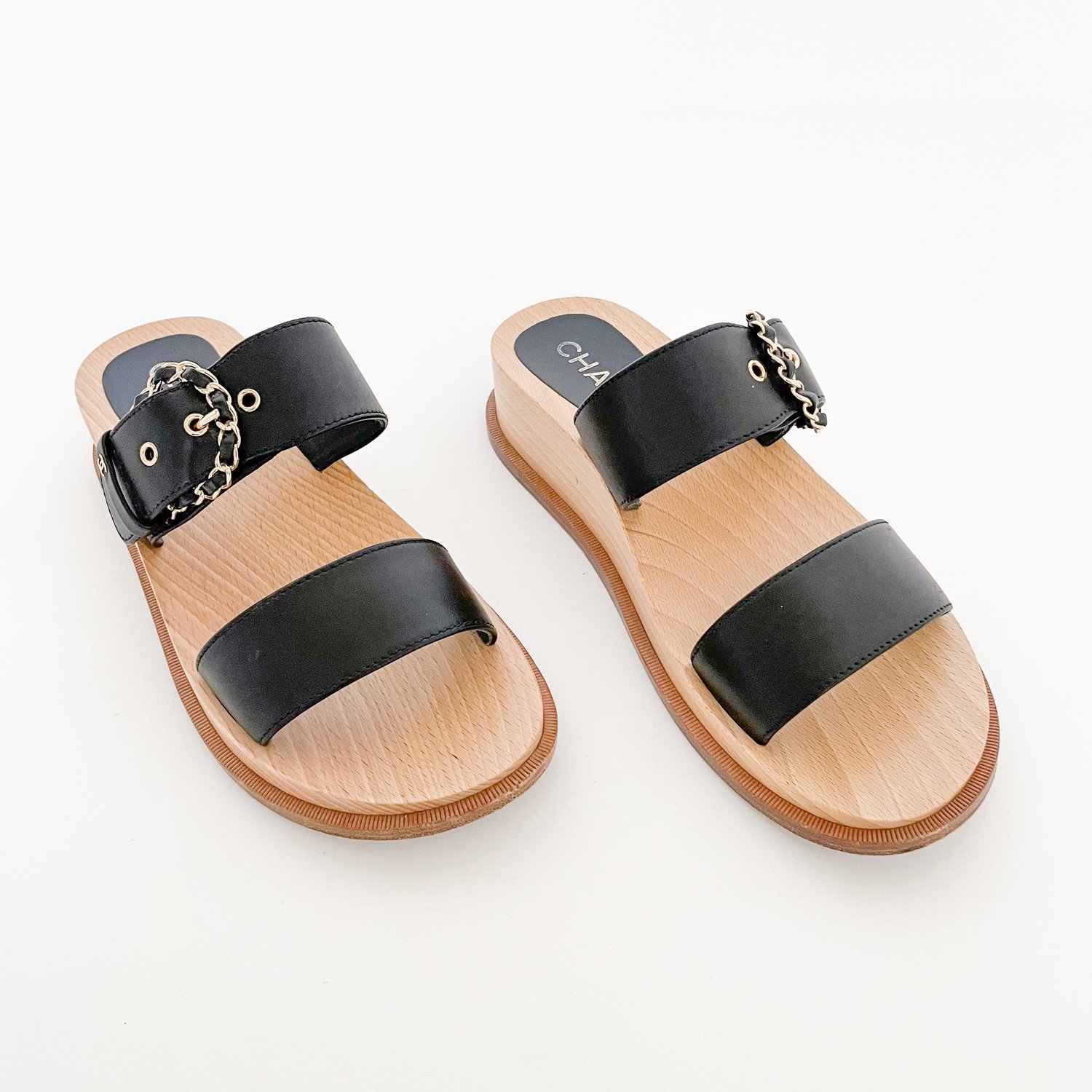 Chanel CC Chain Slide Sandals Black EU 38 US 8 Wooden Wedge Clog
