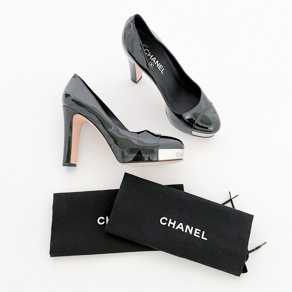 Chanel Cap Toe Pumps Black EU 39 US 8-8.5 Patent Leather High Heels Logo  Platform Interlocking Logo — Golden State Resale